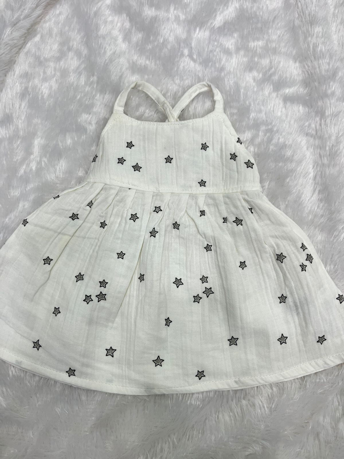 Beige Muslin Star Printed Frock