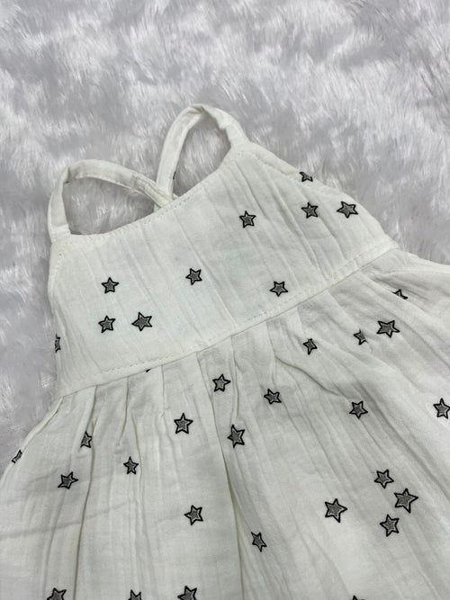 Beige Muslin Star Printed Frock