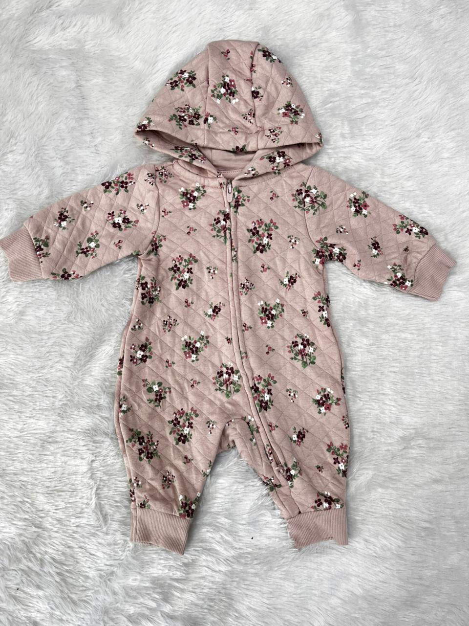 Floral Bliss-Quilted Hooded Romper- 1564