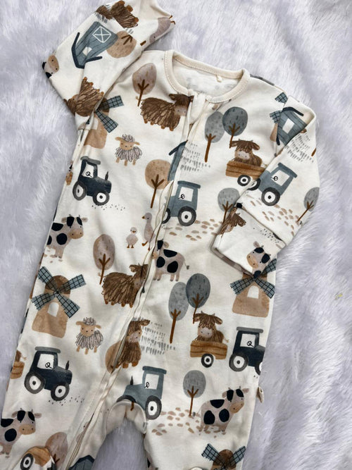 BEIGE FARM PRINT-ROMPER