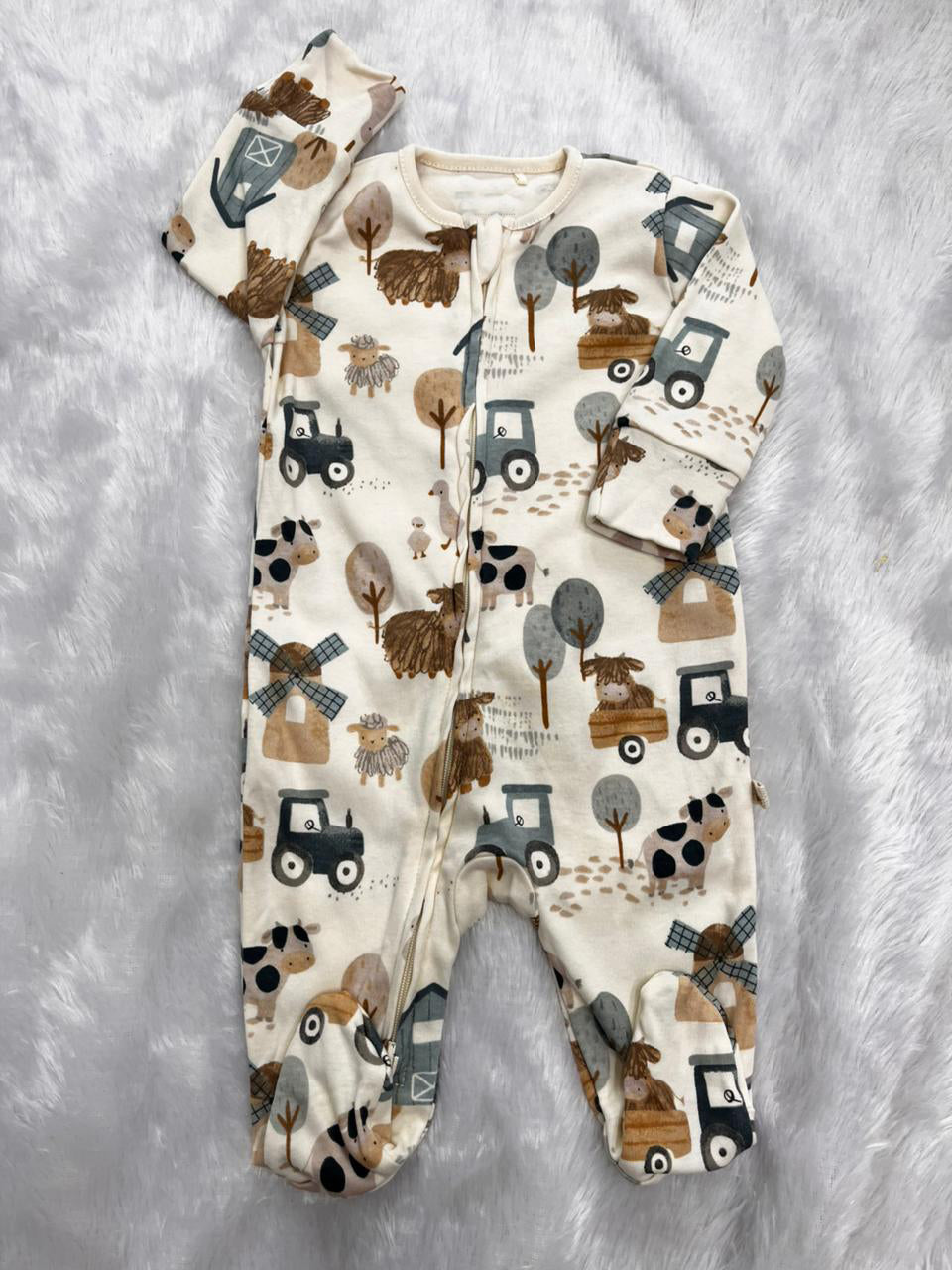 BEIGE FARM PRINT-ROMPER